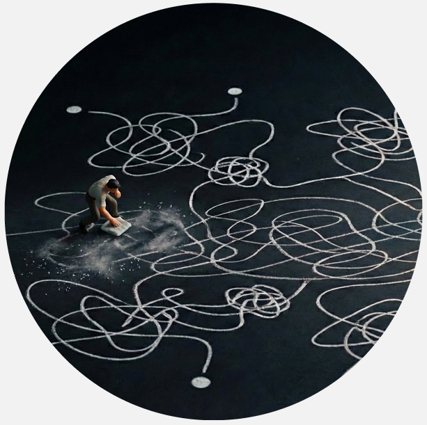 Person amidst tangled lines finding clarity